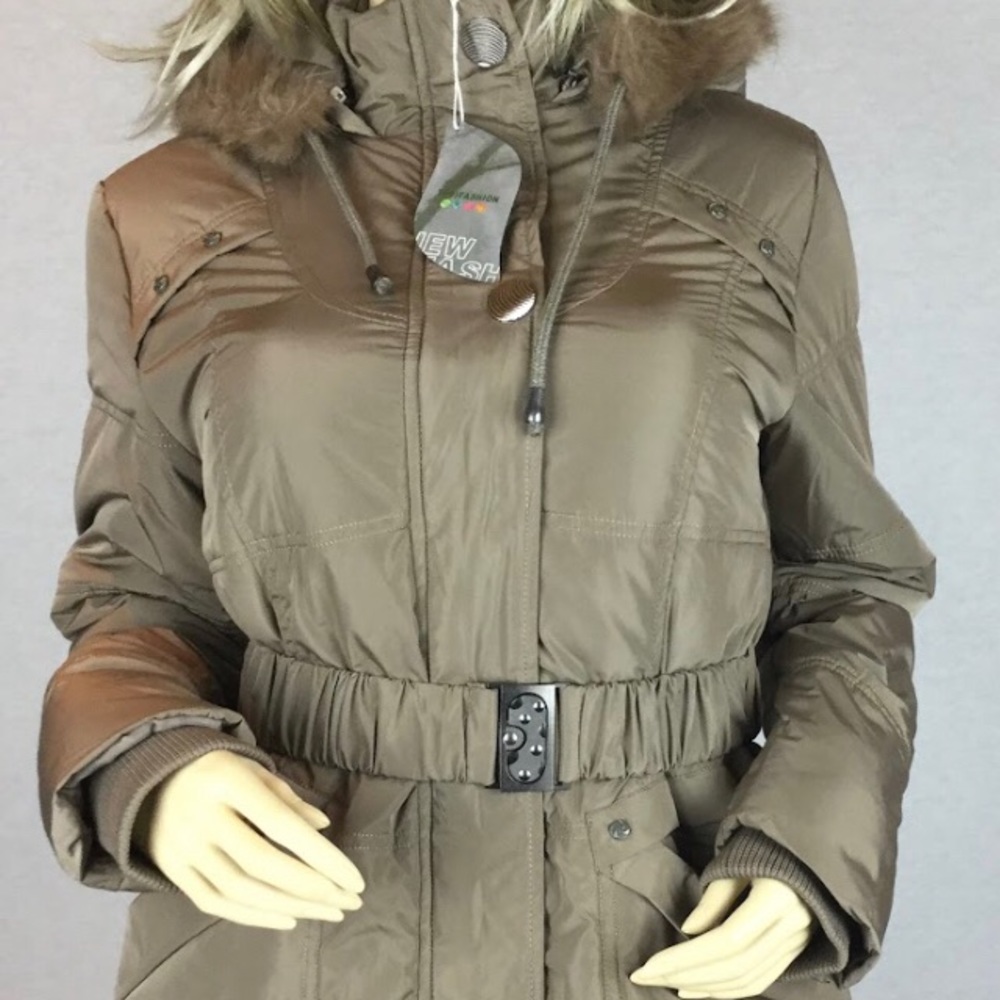 Practical Beige Sand Long Winter Women’s Jacket full fly zipper attachable hood